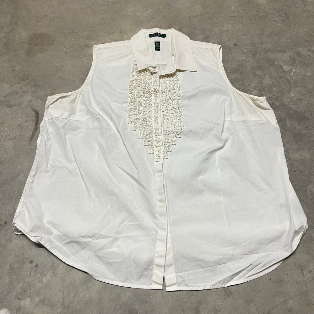 Lauren Ralph Lauren White Ruffle Bib Sleeveless Button Down Shirt 20W Cotton